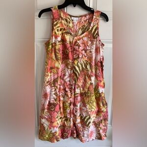 J. Jill Love Linen Pink Green Floral Sleeveless Dress Tropical Women’s‎ S Petite